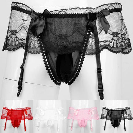 Sexy Men's Panties Sissy Lace Transparent Bowknot Lingerie Men Bulge Pouch Briefs Underwear Pump Man Briefs With Garter