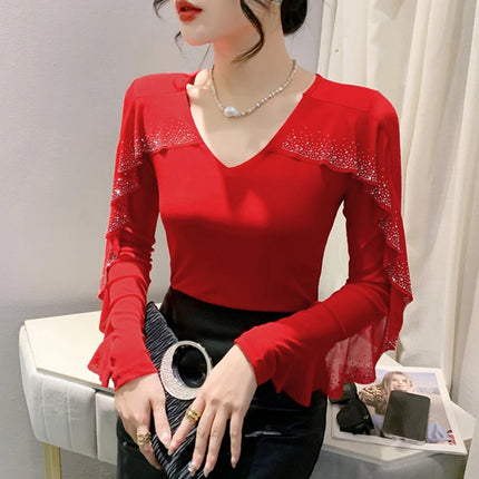 2025 Autumn New Style Mesh Tops Korean Fashion Round Neck Ruffles Shirt Lotus Leaf Edge Hot Diamond Long Sleeve Women T Shirt