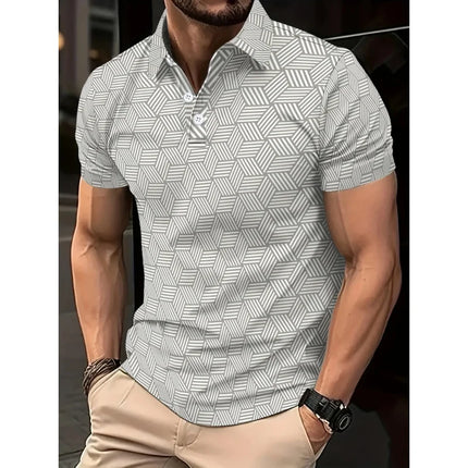 Men's summer polo shirt, black and white, polka dots, short sleeve, collar, casual, top, men's outdoor street polo shirt