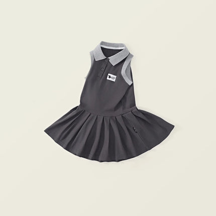 Summer Kids Brother Sister Look Turn Down Collar Kid Girl Pleated Sleeveless Dress Muslin Spliced Raglan Sleeve Top Shorts Suits