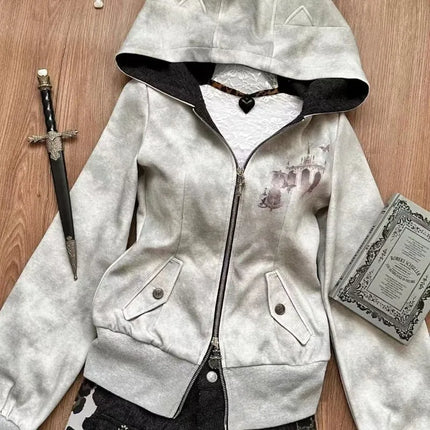 American Vintage Y2k Hottie Slimming Hoodies Autumn Winter New Gray Harajuku Print Hoodie Womens Subculture Zip-up Cardigan Coat