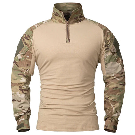 Men's Outdoor Tactical Shirts Long Sleeve Outfit Combat Shirt 1/4 Zipper Ripstop Tops Workwear pullover Camo Airsoft T-Shirts