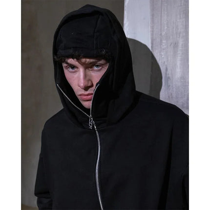 Men'sBalaclava Y2K Gothic Harajuku  Autumn Winter New Item Double Hooded Sweatshirt Homme Hooded Mask Zipper Sportswear