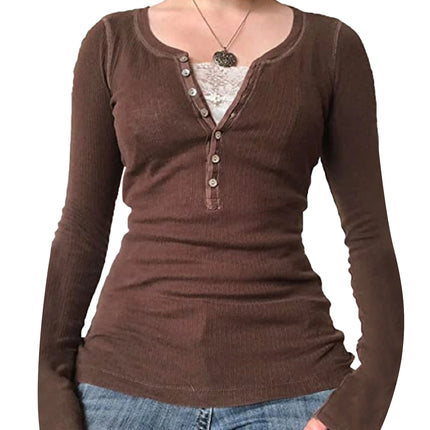 Women's Casual Long Sleeve Tops Autumn Vintage Lace Patchwork 1/2 Button Pullover Shirt Club Streetwear