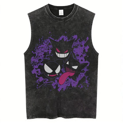 Men's Gengar Gastly Haunter Pokemon Vintage Washed Tank Top, Casual Cotton Sleeveless Anime Tee
