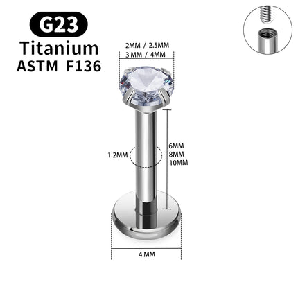 10/50PCS G23 Ttianium Piercing Labret Lip Stud Ring CZ 16G Internal Thread Stud Earring Ear Tragus Cartilage Helix Daith Jewelry