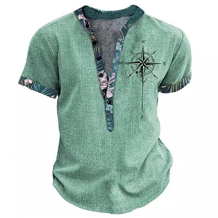 Summer 3D Printed Henry Short Sleeve Shirt Men's Fashion Street Clothing Button Short Sleeve Men's Top