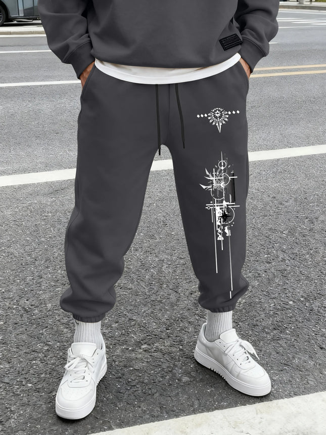 Men's Gothic Geometric Thorn Totem Vertical Line Print Sweatpants Elastic Waist Soft Dark Punk Street Hip Hop Joggers