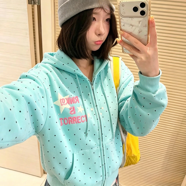 2026 Spring Fashion Letter Print Hooded New Clothing American Polka Dot Star Sweatshirts Women Y2k Sweet Loose Casual Jacket