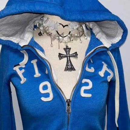 2025 new blue sweatshirt for women fall and winter gothic American retro casual bulk streetwear Y2K design Slim cardigan jacket