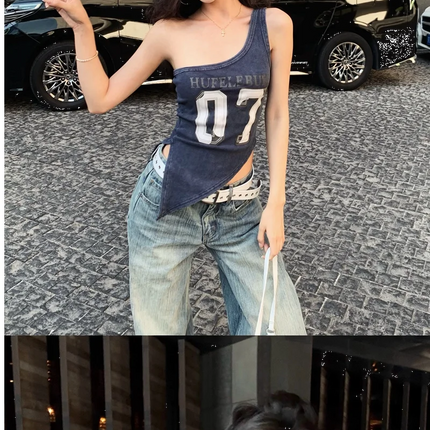 American High Street Hot Girl Slanted Collar Off-Shoulder Irregular Letter Print Camisole Vest Women's Retro Slit Top Y2K 2000s