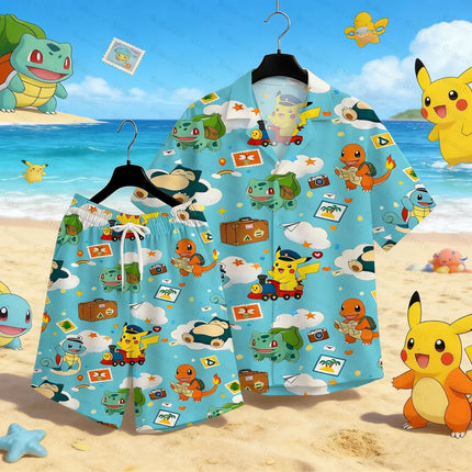 Hawaiian Shirt Pikachu Bulbasaur Charmander Squirtle Button Up Kids Cute Summer Beach Shirt Gift for Men's Shirts Woman shirt
