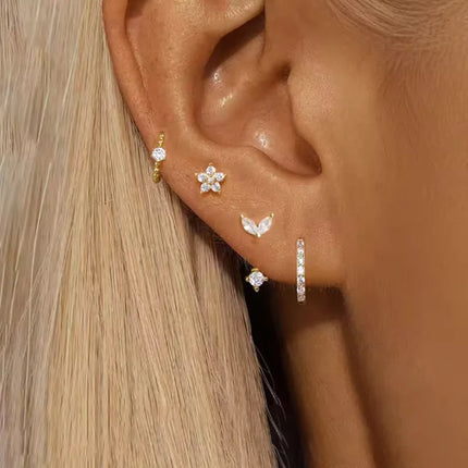 4PCS Fashion Zircon Round Hoop Earring Set Women Temperament Flower Ear Stud Huggie Earring Tragus Piercing Cartilage Jewelry