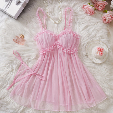 Women Perspective Mesh Nightdress Bow Wrapped Around Chest Pink Sexy Babydoll With Thong Erotic Sexy Lingerie Valentine Day Gift