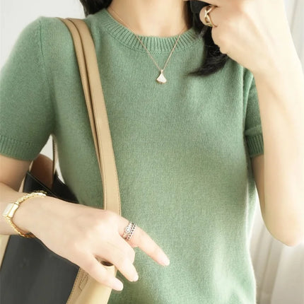 Summer New Women's Knitted Short Sleeve T-shirt Thin Wool Cashmere Short Sleeve Loose Fit Round Neck Top Outerwear Straight Cut