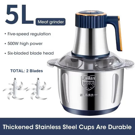 Electric Meat Grinder 5L Stainless Steel Meat Mincer Vegetables Blender, 500W Household Stuffing and Food Processor 5 Speeds