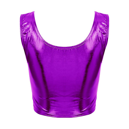 Womens Fashion Shiny Metallic Tank Crop Top Shiny Metallic Vest Tops Bustier Blouse Shirt Camis Rave Party Clubwear Costume