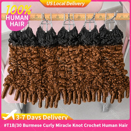 Golden Brown Highlight Miracle Knots Crochet Bundles Human Hair For Braids Burmese Curly With Spiral Curly End Feather Bulk Hair