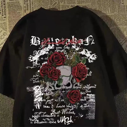 2025 New pure cotton American retro skull print T-shirt with round neck and short sleeve women's summer European and American tops