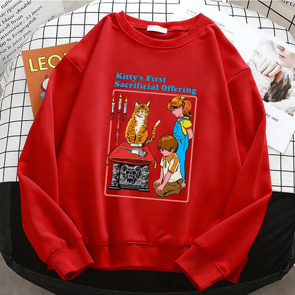 Y2K Funny Cat Pattern Comic Design Hoodies Warm Fleece Sweatshirt Soft O-Neck Pullover Casual Female Clothes