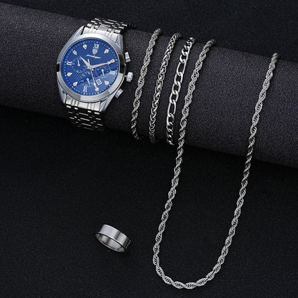 6 Pcs Set Men's Stainless Steel Watches Business Luxury Quartz Wristwatch Calendar Clock Casual Watch Necklace Bracelet Ring Set