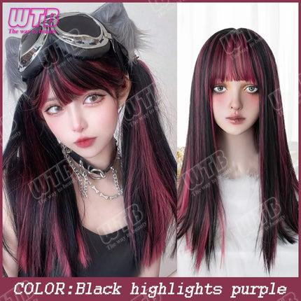 WTB Pink Highlighted Synthetic Lolita Wig for Women Long Straight with Bangs Suitable for Everyday Wear Holidays and Cosplay