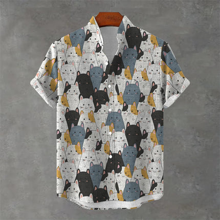 Men's New Short-Sleeved Shirt, Cartoon Cat Print, Hawaiian Style Casual Vacation Lapel Top, Wrinkle-Resistant and Non-Iron.