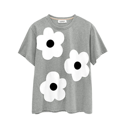 imakokoni original applique pure cotton gray T-shirt pullover short-sleeved shirt casual loose large size summer female 223602