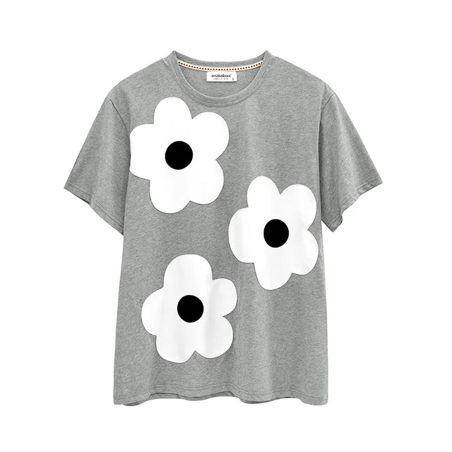 imakokoni original applique pure cotton gray T-shirt pullover short-sleeved shirt casual loose large size summer female 223602
