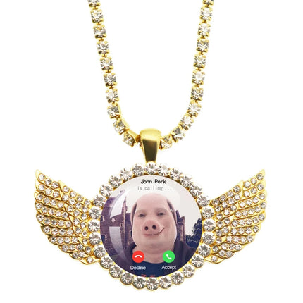 John Pork Is Calling Answer Call Phone Humor Funny Pig Graphic Glass Cabochon Angel Wings Pendant Necklace Jewelry Giftwholesale