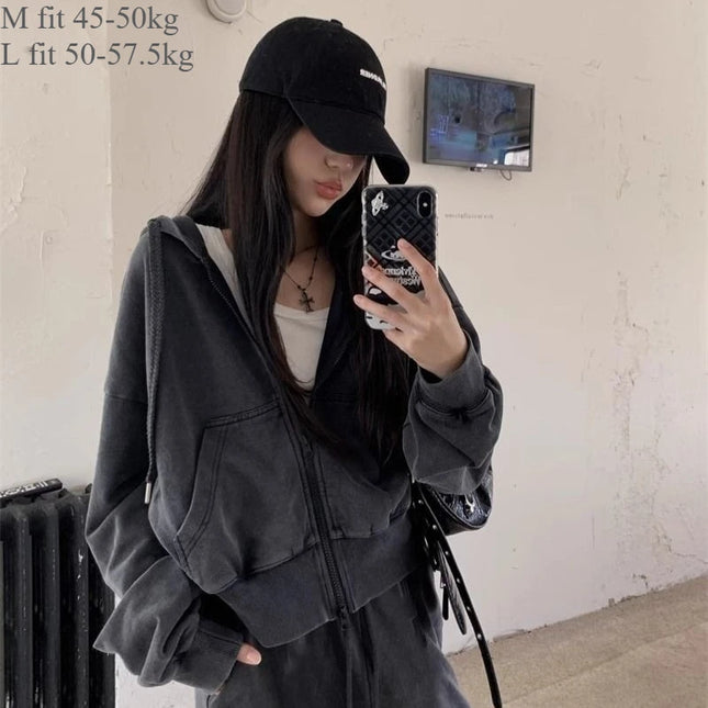 2025 New Women Loose American Zip Hoodie Washed Vintage Black Grey Autumn Winter Fashion Casual Streetwear