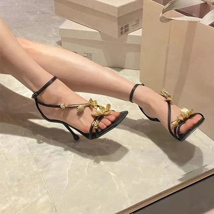 Star style Metal Flowers Women Sandals Sexy Narrow band Stiletto High heels Gladiator Sandals Summer Fashion Party Prom Shoes