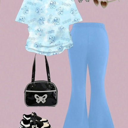Kids Girls Stitch Cartoon Print 2Pcs Outfit Short Sleeve Floral T-Shirt + Blue Flare Pants Soft Casual Daily Wear Children Set