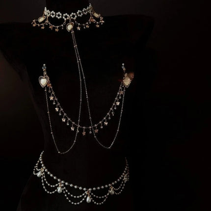 Pearl Heart-Shaped Nipple Clip Body Chain Collar Rhinestone Butterfly Pendant Chest Restraints Sexy Accessories for Women Sextoy