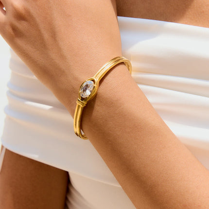 Youthway Fashion Double Layers Open Bangle Stainless Steel 18k Gold Color Plated White Zirconia Bracelets Daily Party Accessory