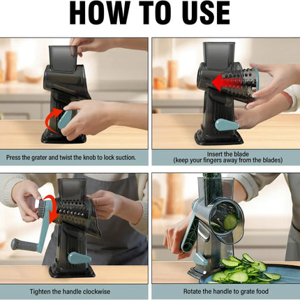 3-in-1 Manual Rotary Cheese Grater Vegetable Slicer with Suction Base Kitchen Mandoline Shredder for Potatoes Easy to Clean