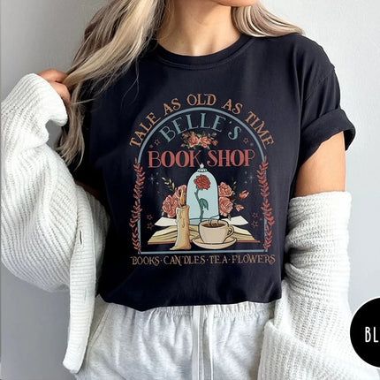 Vintage Retro Belle's Book shop Shirt Tale as old as time Beauty and The Beast Magic Tee Casual Y2K Top Daily Trendy Streetwear