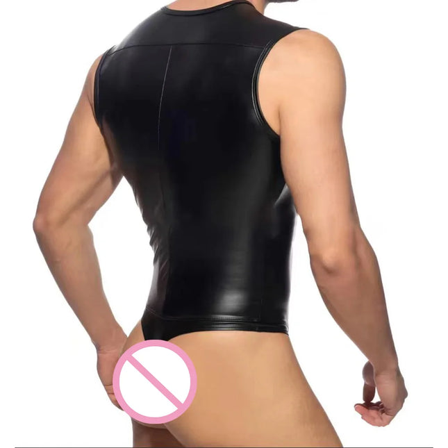 Slimming Fit Wet Look Faux Leather Night Party Stage Men's Bodysuit Zip Up Bulge Pouch Man Tank Tops Jumpsuits