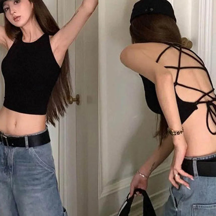 Y2K Women's Tops Backless Crop Top Sleeveless Sexy Cute Black Vest Tank Top Summer Cropped Vest Female 2000s Clothing