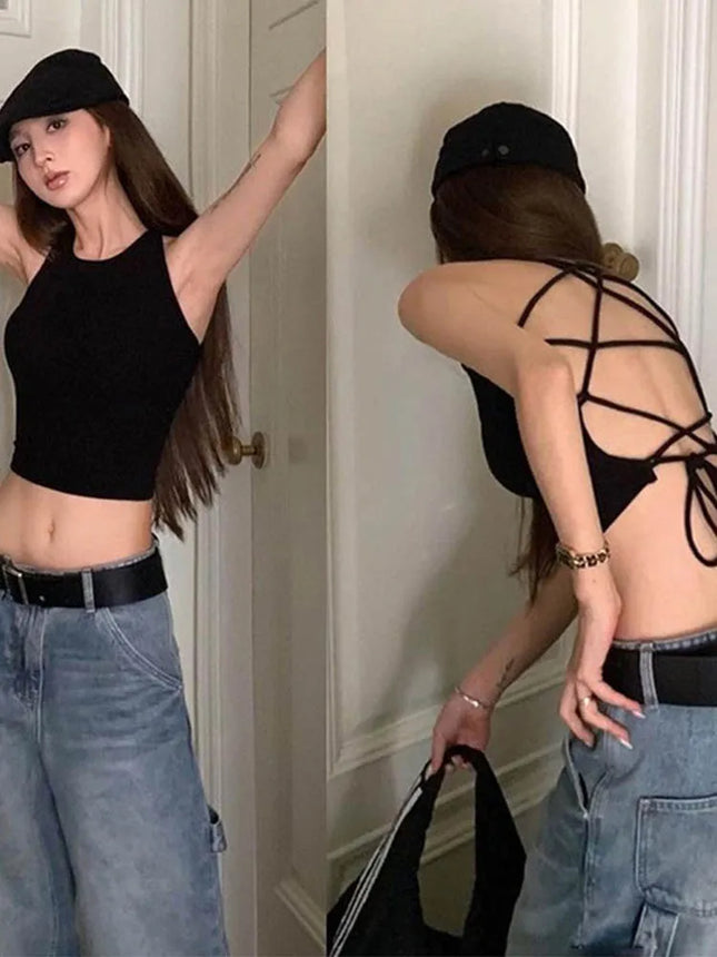 Y2K Women's Tops Backless Crop Top Sleeveless Sexy Cute Black Vest Tank Top Summer Cropped Vest Female 2000s Clothing