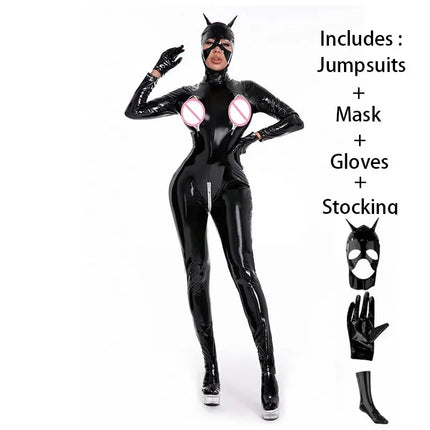 Sexy Wetlook Latex Catsuit With Mask PVC Faux Leather Jumpsuit Lady Erotic Costume PU Lingerie Faux Leather Cat Women Jumpsuit