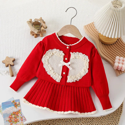 Children's Clothing Sets Love Knit Sweater + Pleated Skirt Baby Girl Winter Clothes Toddler Girl Cardigan Sweater Korean Style