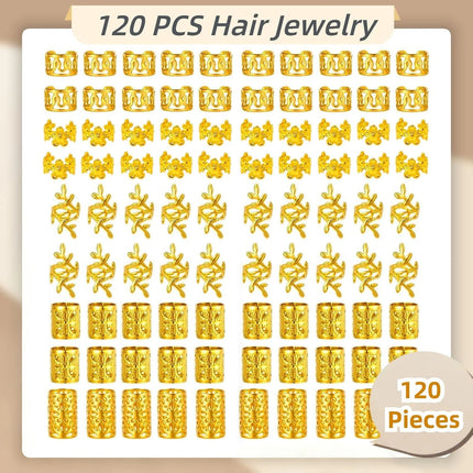 120PCS Rings Gold Cuffs Multi Style Hair Rings  Hair Beads for Braid Loc Dreadlock Accessories for Women and Girls