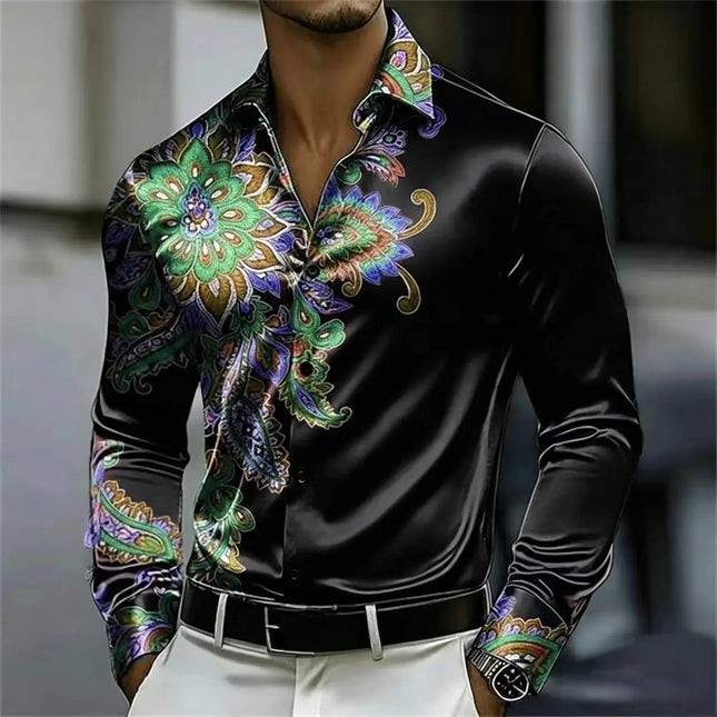 Men's Satin Paisley Printed Shirt Luxury Glossy Long Sleeve Casual Button Down Dress Shirts Nightclub Party Wear