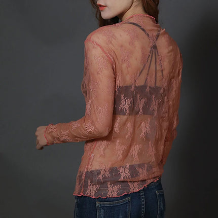 Sexy Black Hollow Out Mesh T-Shirt Transparent Mesh Female Tops Long Sleeve Basic Shirts SeeThrough Turtleneck Women Tshirts