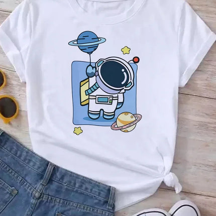 Women Moon Planet Print Fashion Tee Shirts Casual Round Neck Short Sleeve Streetwear Female T-Shirt Vintage Tops