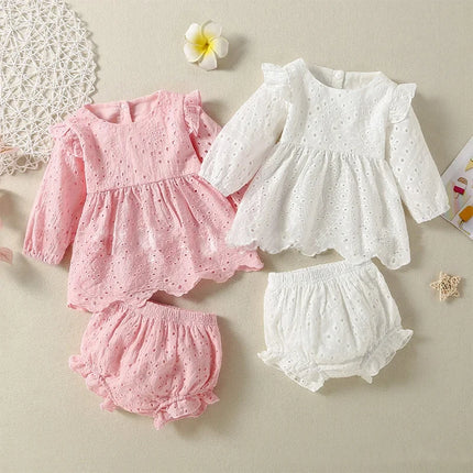 Long-sleeved Short Skirt Suit Casual Fashion Girls Openwork Oattern Design Solid Color Two-piece for Spring and Autumn Wear