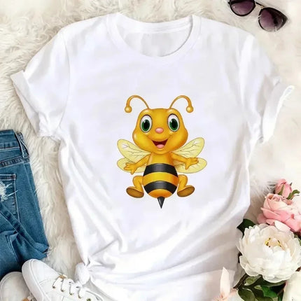 Cartoon Bee Pattern Print Summer Children's Short-Sleeved Shirt Kid Fashion Cotton T-shirt Girl Comfortable Leisure Top Clothes