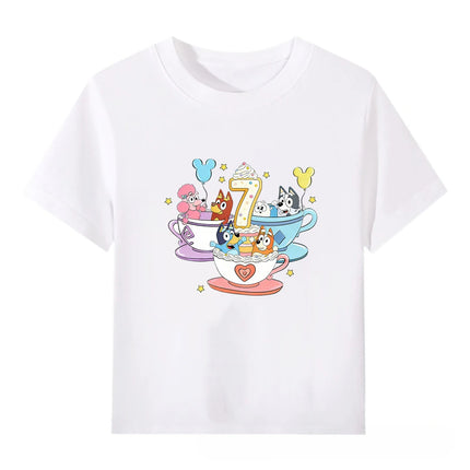 Bluey Children's White Short Sleeve T-Shirt 100% Cotton Number Series Cute Cartoon Tee for Boys and Girls