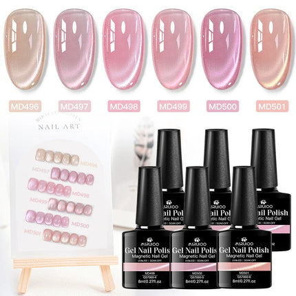 MSRUIOO 8ml Pink Cat Eye Magnetic Gel Nail Polish, Holographic Rainbow Varnish DIY Home Salon Festive Gift  For Valentine's Day